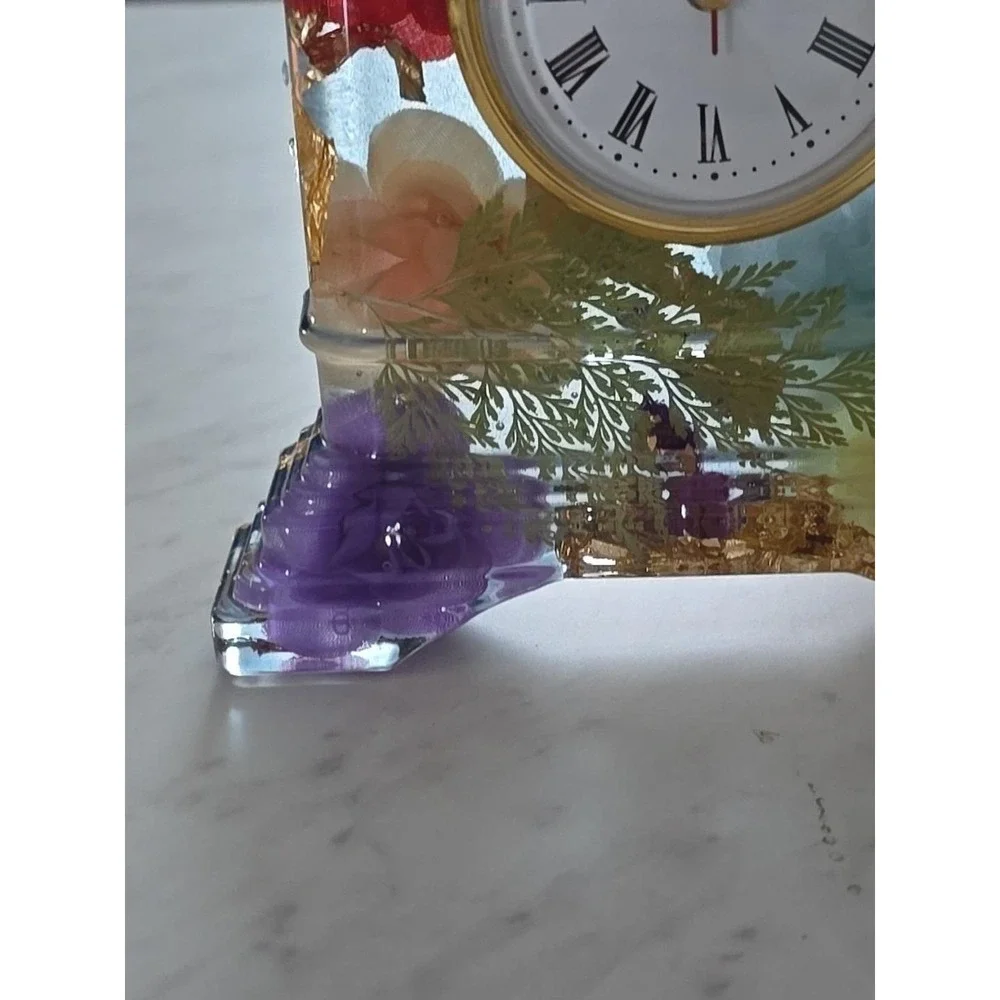 Handmade‎ Resin Desk Clock Decoration Gift Clear With Multi Colored Flowers 733